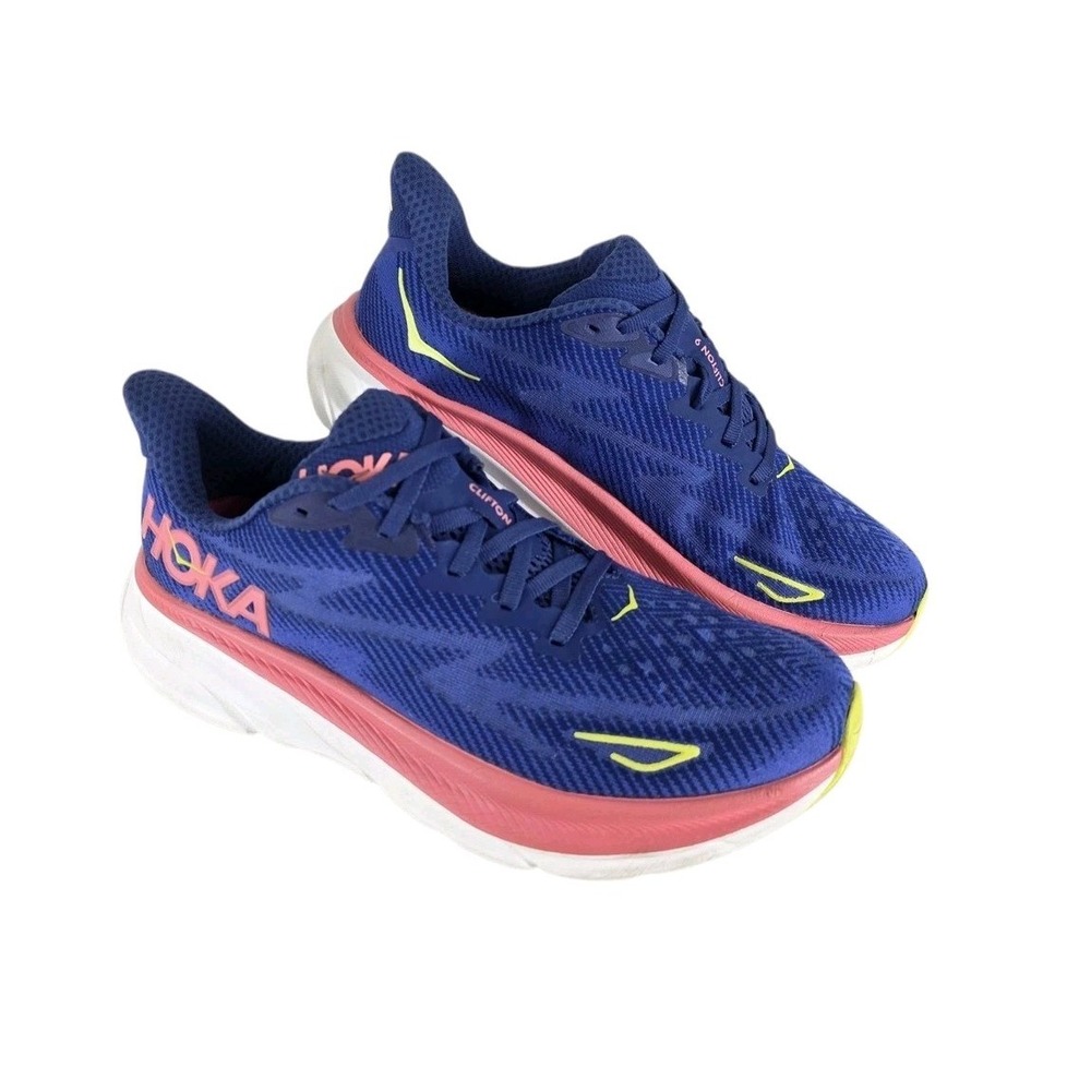 Hoka Clifton 9 Running Shoes Womens 9B Evening Sky Coral Blue Max Cushion Gym